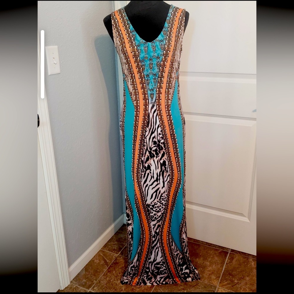 Venus M maxi dress animal print rhinestones around collar and down side nwot